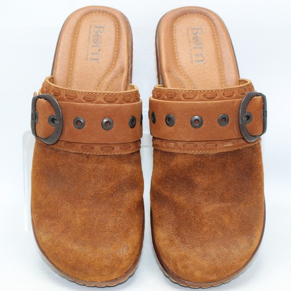 Born Shoes - Born Womens 8 Brown Suede Leather Buckle Clogs Mules Platform Wedge NWOB